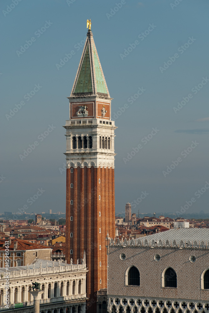 Venice (Italy) in the morning sun: Aerial view of Campanile at the Piazza San Marco (St Mark's Campanile, Italian: Campanile di San Marco)