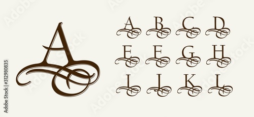 Vintage Set 1. Calligraphic capital letters with curls for Monograms and Logos. Beautiful Filigree Font With elements of Arabic calligraphy