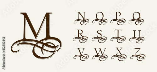 Vintage Set 2. Calligraphic capital letters with curls for Monograms and Logos. Beautiful Filigree Font With elements of Arabic calligraphy