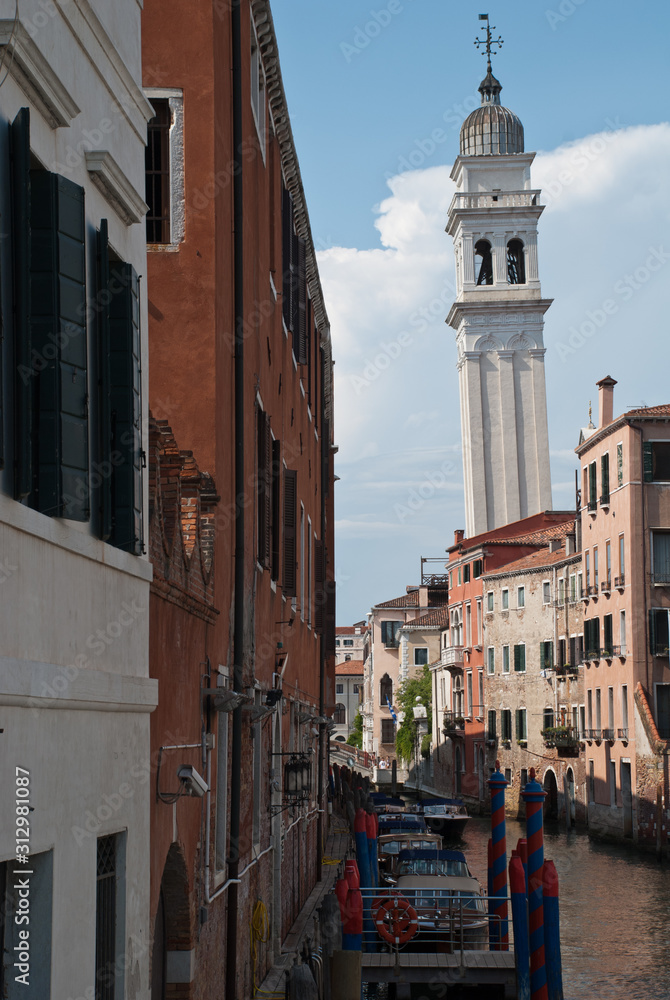 Venice, Italy: traditional buildings, canal Rio dei Greci, district Castello, Tower of church San Giorgio dei Greci
