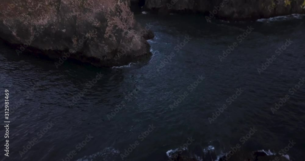 Mendocino Headlands State Park California USA. Rocky Coastline Islets and Seagull, Cinematic Twilight Aerial Mendocino Headlands State Park California USA. Rocky Coastline Islets and Seagull, Cinematic Twilight Aerial