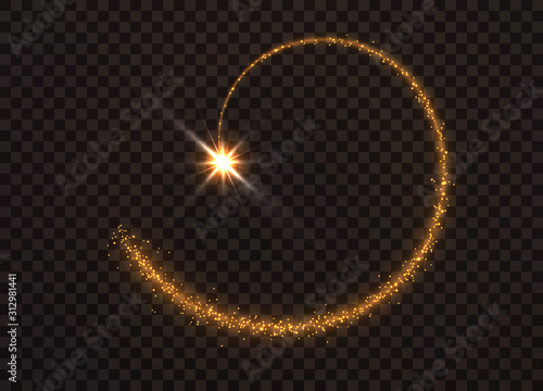 The dust sparks and golden stars shine with special light. Vector sparkles on a transparent background. Sparkling magical dust particles.
