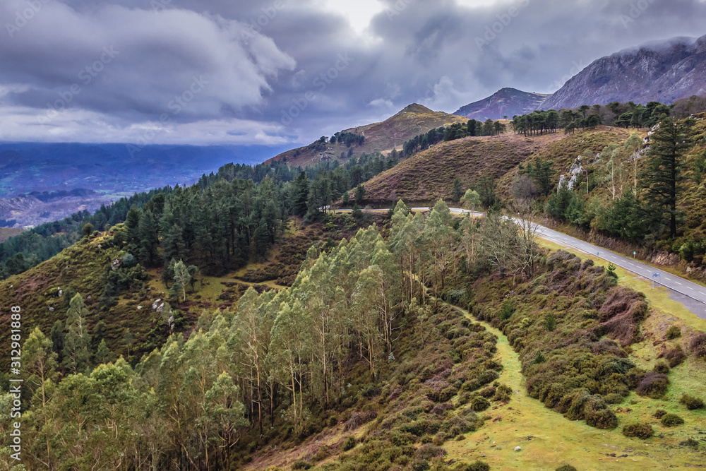 Mountain roud to Fito viewing point in Sierra del Sueve limestone massif in Cantabrian mountain range in Spain