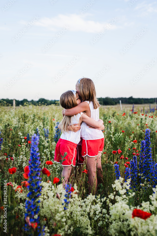 Sisters hugging on meadow Sisters hugging on meadow