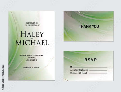 Vector soft green tender texture with liquid flow and gold marble strokes, perfect decoration for wedding invitation, rsvp card, bridal concept, tender soft decor