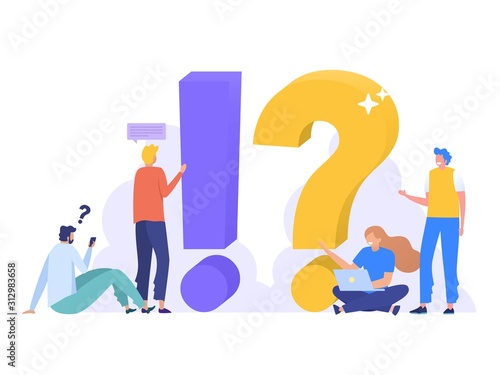 FAQ and QNA vector ilustration concept, People Characters Standing next to Question Marks. Woman and Man  Online Support center. Flat Vector Illustration, can use for, landing page, template, ui, web