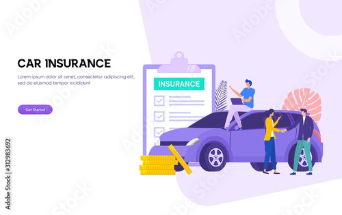 Car insurance vector illustration concept . man and woman deal withh insurance agent and signing form, can use for, landing page, template, ui, web, homepage, poster, banner, flyer