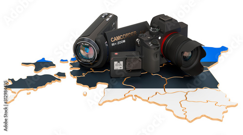 Travel and photo, video shooting in Estonia. Digital camera, camcorder and action camera on Estonian map. 3D rendering