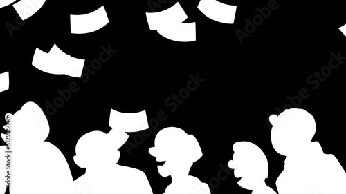 Animation of people who jump and catch money that fall from the sky. The original file 4K has an alpha chanel 29.97 fps