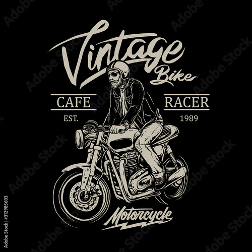 man riding cafe racer motorcycle vector badge