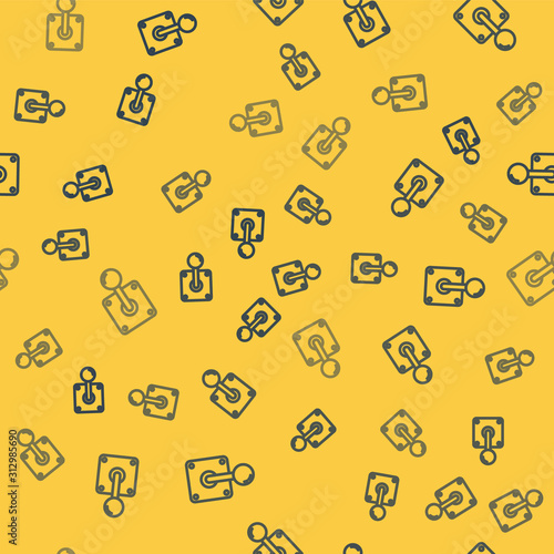 Blue line Joystick for arcade machine icon isolated seamless pattern on yellow background. Joystick gamepad. Vector Illustration