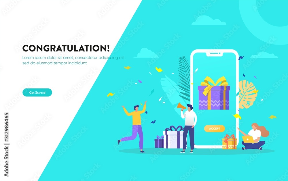 Group of people get online reward vector illustration concept, happy people get a present, digital referral,  can use for, landing page, template, ui, web, homepage, poster, banner, flyer
