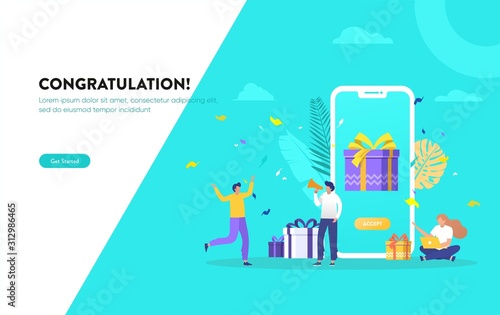 Group of people get online reward vector illustration concept, happy people get a present, digital referral, can use for, landing page, template, ui, web, homepage, poster, banner, flyer