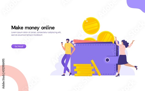 men and woman with big wallet and stack of coin, online payment, e transfer digital wallet vector illustration concept, can use for, landing page, template, ui, web, homepage, poster, banner, flyer