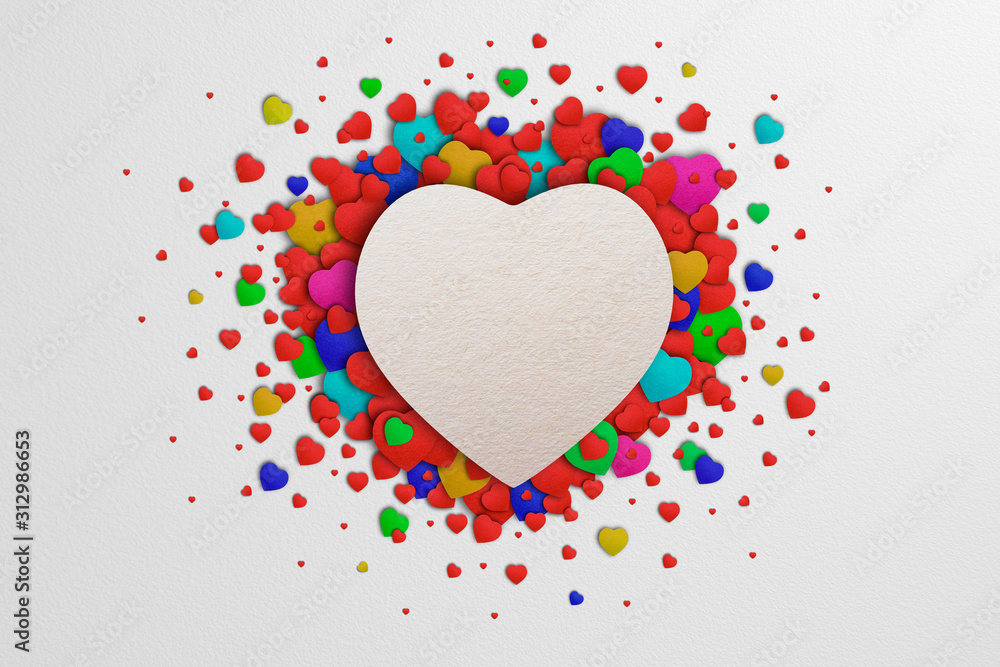 A white heart surrounded by many small hearts with a paper texture