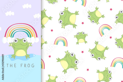 Seamless childish pattern with happy frog and the rainbow