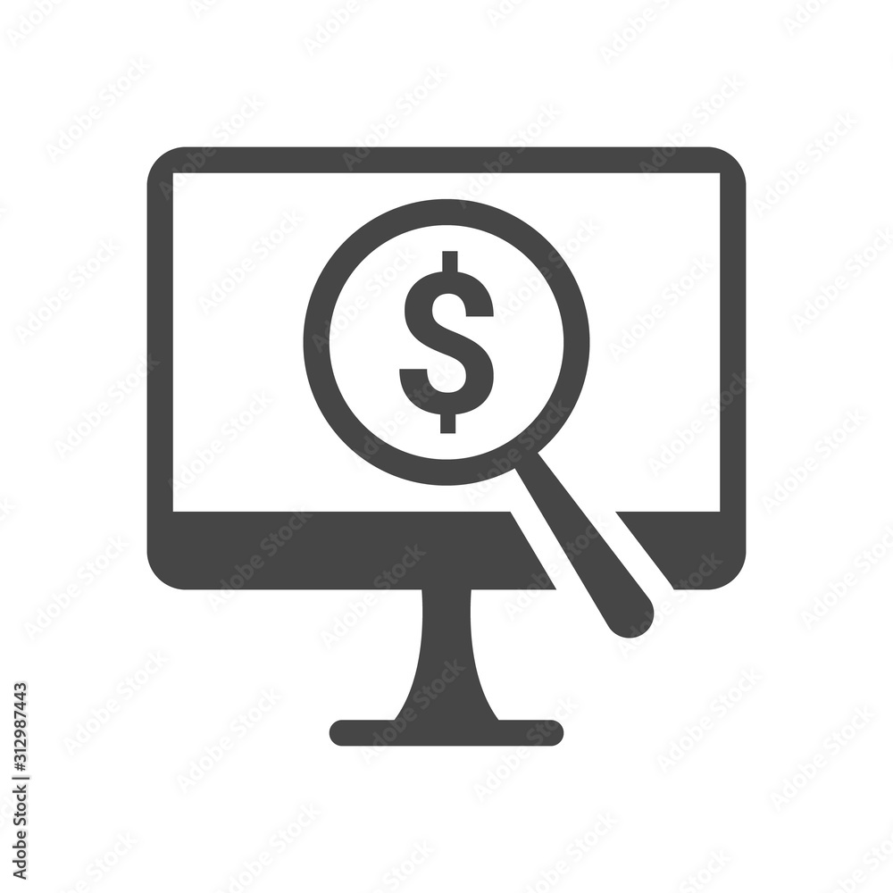 Hardware appraisal icon. Computer with magnifying glass and dollar sign isolated on white background. Hardware appraisal icon. Computer with magnifying glass and dollar sign isolated on white background.