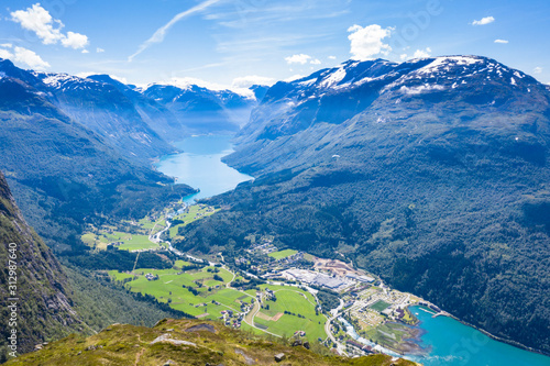 Aerial view of Lovatnet lake, Loen village and Nordfjord, Stryn, Sogn og Fjordane county photo