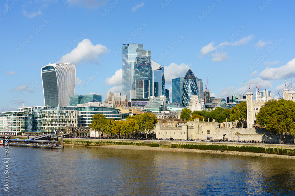 City of London skyscrapers and the Tower of London viewed across the River Thames, London City of London skyscrapers and the Tower of London viewed across the River Thames, London