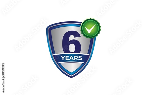 Blue metallic 6 year warranty shield with circle green check