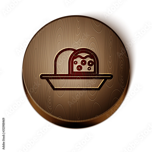 Brown line Marzipan sponge cake icon isolated on white background. Merry Christmas and Happy New Year. Wooden circle button. Vector Illustration