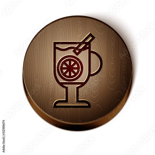 Brown line Mulled wine with glass of drink and ingredients icon isolated on white background. Cinnamon stick, clove, lemon slice. Wooden circle button. Vector Illustration