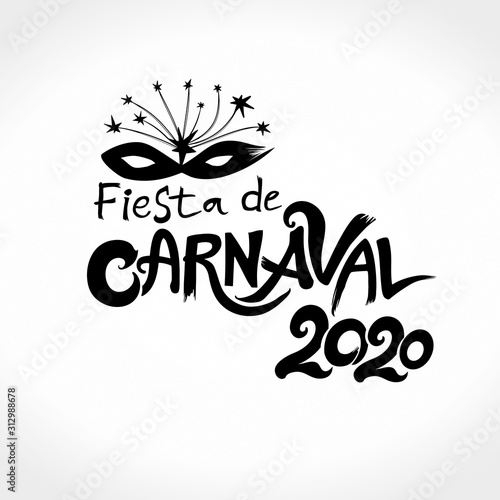Fiesta de Carnaval. 2020. The logo in Spanish is translated as: Carnival party. 2019. Hand drawn vector template with Masquerade Mask.
