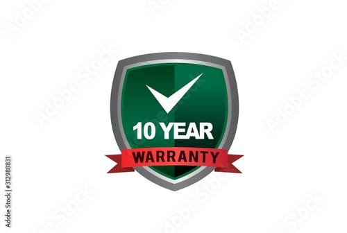 Green metallic 10 year warranty shield with red ribbon