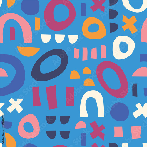 Abstract shapes blue pink orange white seamless vector kids pattern. Contemporary geometric elements puzzle mosaic background. Modern happy children print. Use for kids decor, fabric, packaging 