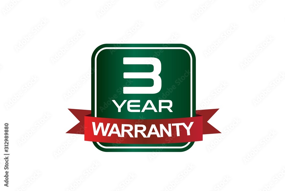 Green metallic 3 year warranty square button with red ribbon Green metallic 3 year warranty square button with red ribbon