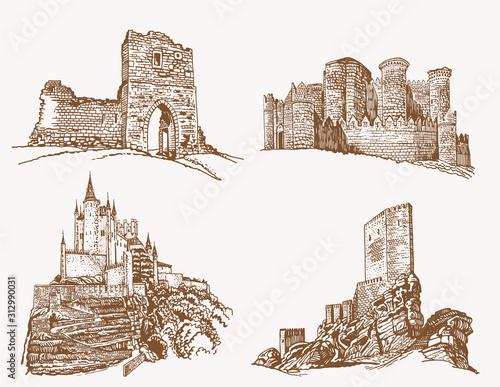 Graphical vintage set of medieval castles , vector sepia illustration