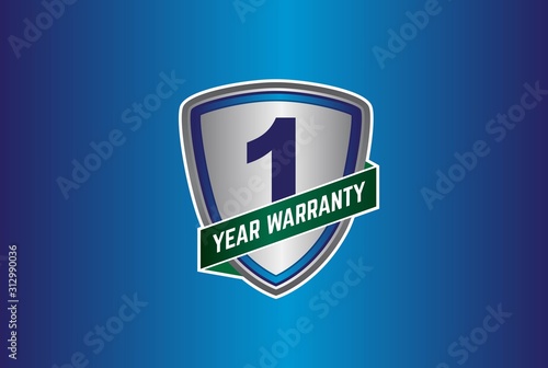 Silver metallic 1 year warranty shield with green ribbon