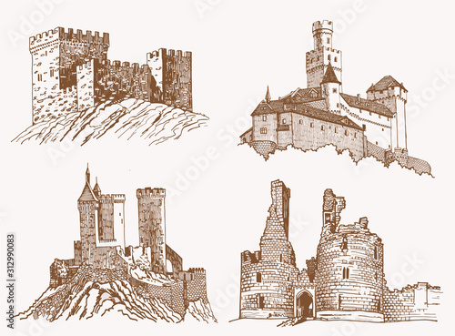 Graphical vintage set of medieval castles , vector sepia illustration