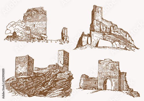 Graphical vintage set of medieval castles , vector sepia illustration