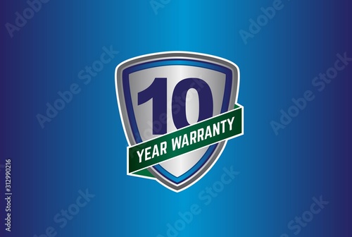 Silver metallic 10 year warranty shield with green ribbon