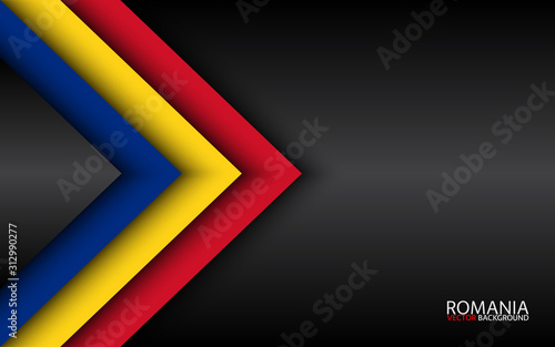 Modern vector overlayed arrows with Romanian colors and grey free space for your text, overlayed sheets of paper in the look of the Romanian flag, Made in Romania, abstract widescreen background