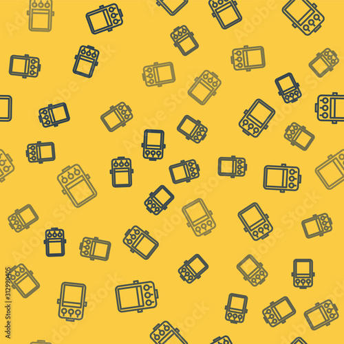 Blue line Guitar pedal icon isolated seamless pattern on yellow background. Musical equipment. Vector Illustration