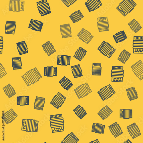 Blue line Musical instrument accordion icon isolated seamless pattern on yellow background. Classical bayan, harmonic. Vector Illustration