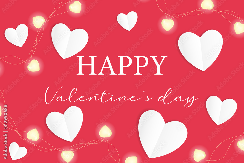 Happy Valentine’s day simply vector background. Paper craft heart shape object and beautiful lettering. For flyer, banner, poster, greeting card gift for holiday celebration. Love inspiration