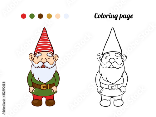 Illustration of cute garden gnome. Coloring page or book for baby