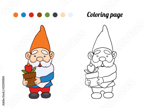 Illustration of cute garden gnome with a flower in a pot. Coloring page or book for baby