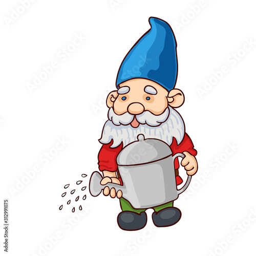Vector colorful illustration of garden gnome with a watering can. Cute fairytale character