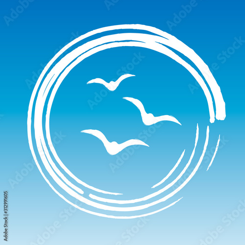 White birds silhouettes logo on blurred blue background