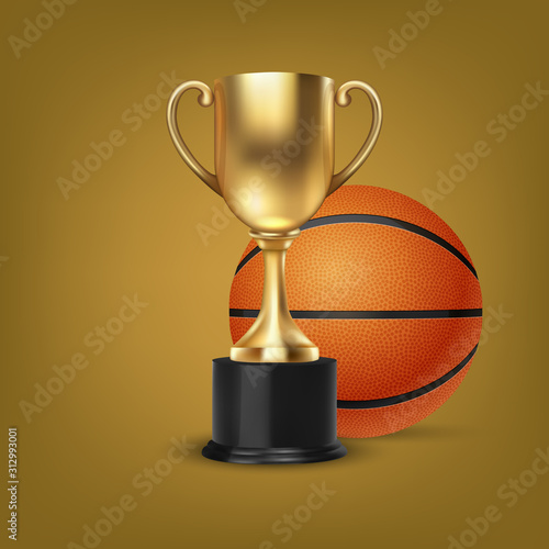 Realistic Vector 3d Blank Golden Champion Cup Icon wirh Basketball Set on Orange Background. Design Template of Championship Trophy. Sport Tournament Award, Gold Winner Cup and Victory Concept
