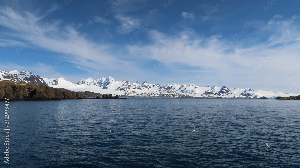 Landschaft in Südgerorgien: Meer, Eisberge, Schneebedeckte Berge (Antarktis)