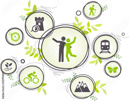 active & environmentally friendly lifestyle icon concept: slow travel, staycation, eco friendly tourism – vector illustration