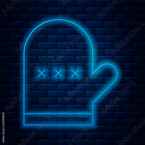 Glowing neon line Oven glove icon isolated on brick wall background. Kitchen potholder sign. Cooking glove. Vector Illustration