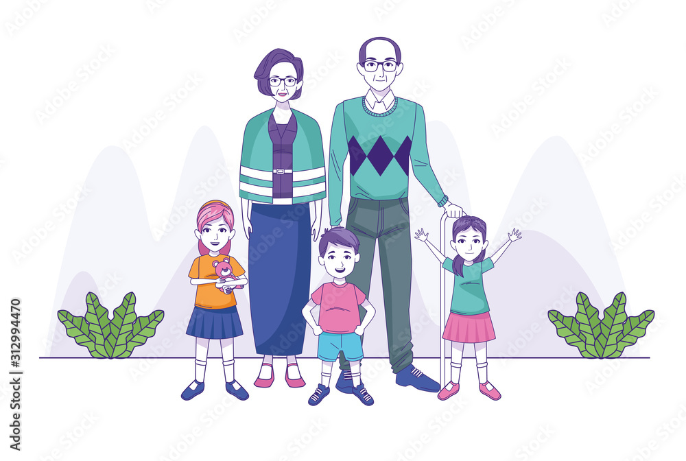 Fototapeta premium grand parents couple with kids family characters