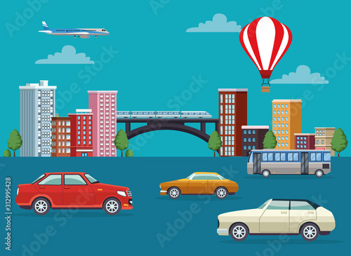 buildings cityscape with means of transport