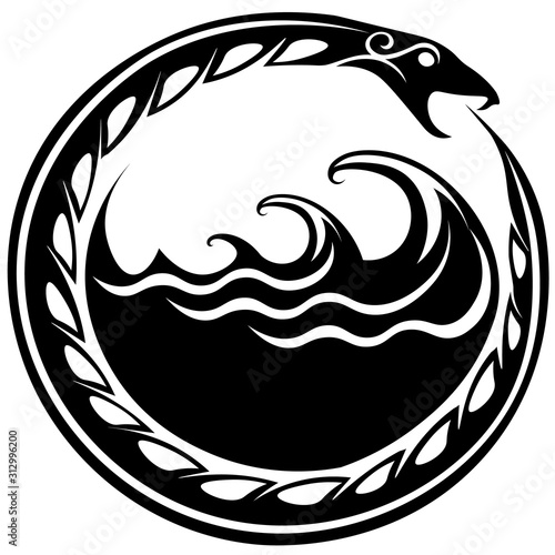 Ouroboros serpent curled up around sea waves